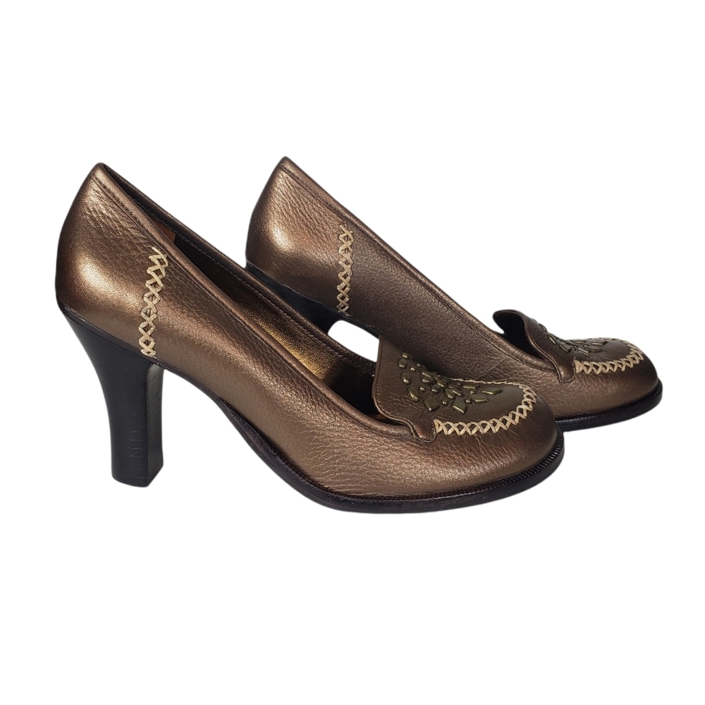 Gianni Bini Bronze Round Toe Block Heels Sz 8.5 Floral Contrast Stitch Workwear